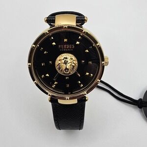 Versus Versace Moscova Lion Head Gold Black Leather Women's Watch 38mm